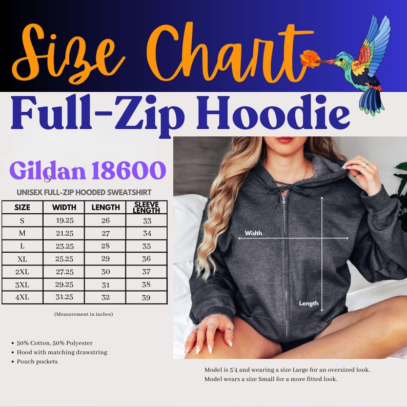 May include: A size chart for a Gildan 18600 unisex full-zip hooded sweatshirt. The chart includes measurements for width, length, and sleeve length in inches, ranging from size S to 4XL. The image also shows a dark gray hoodie with a zipper closure.