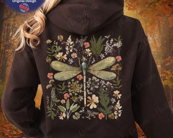 Dragonfly Floral Zip Hoodie, Goblincore Cottagecore-Full Zip Up Hooded Sweatshirt, Fairycore Gifts,Dragon Fly Shirt,Garden Fairy Floralshirt
