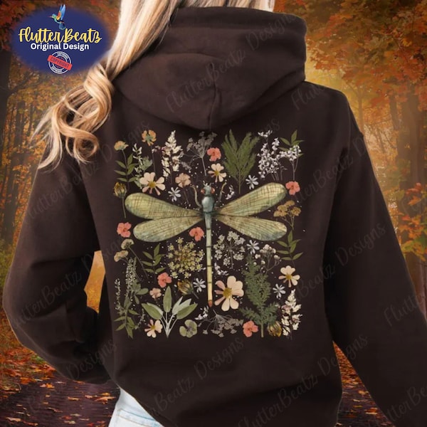 Dragonfly Floral Zip Hoodie, Goblincore Cottagecore-Full Zip Up Hooded Sweatshirt, Fairycore Gifts,Dragon Fly Shirt,Garden Fairy Floralshirt