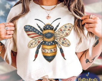 Patriotic Bee Shirt, Faux Patchwork Americana Tee, Vintage Folk Art Bumble Bee Comfort Colors® Cottagecore Tshirt,Quiltcore Beekeeping gift