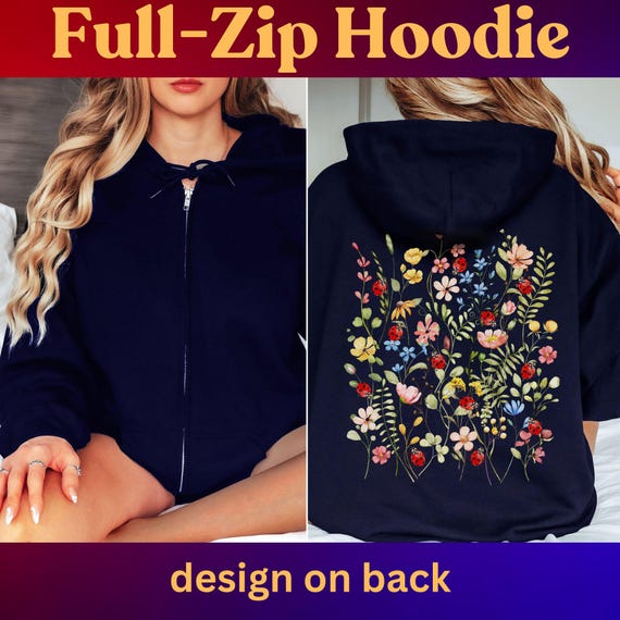 Ladybug Floral Zip Hoodie, Goblincore Cottagecore-full Zip up