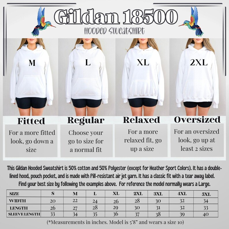May include: White Gildan 18500 hooded sweatshirt with a pouch pocket, shown in multiple sizes. The image includes a size chart with measurements in inches, and text that reads "Fitted", "Regular", "Relaxed", and "Oversized".
