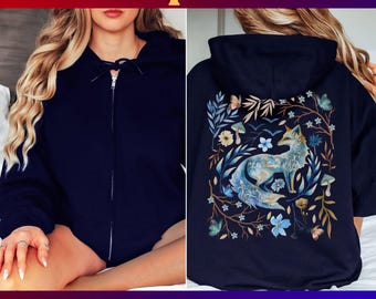 Whimsical Fox Full-Zip Hoodie-Dark Cottagecore Magical Forest Gift,Fairycore Goblincore Sweatshirt, Women's Zip-Up Jacket,Cozy Hooded Sweat