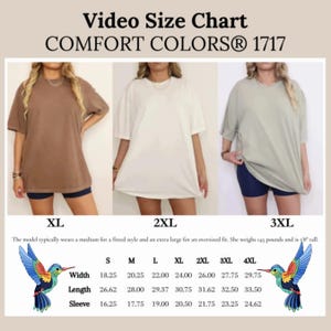 May include: Size chart for t-shirts in various sizes from S to 4XL. The chart shows the width, length, and sleeve length in inches for each size. The model typically wears a medium for a fitted style and an extra large for an oversized fit. She weighs 145 pounds and is 5'8" tall.