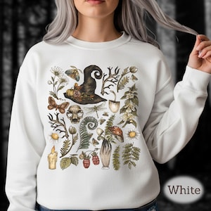 Witch Hat Botanical Sweatshirt, Dark Cottagecore Goth Witchy Pullover,Herb Mushroom Sweater, Goblincore Whimsigoth Halloween-Gothic Crewneck