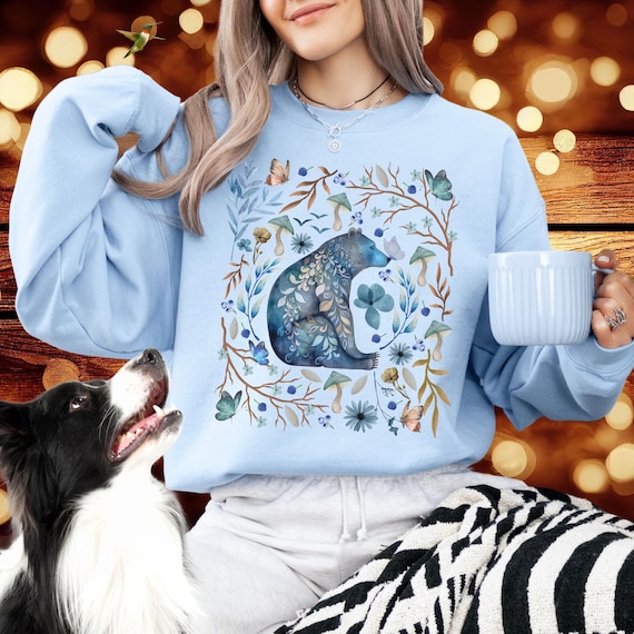 Cottagecore Bear Magical Forest Sweatshirt, Mystical Forestcore Sweater, Whimsical Fairycore Forest Bear Sweat, Goblincore Floral Crewneck