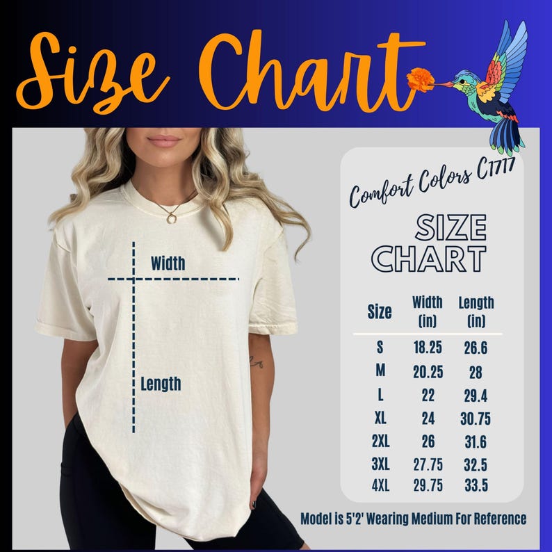 May include: Size chart for t-shirts with measurements in inches. The chart shows the width and length of each size from S to 4XL. The model is wearing a size M.
