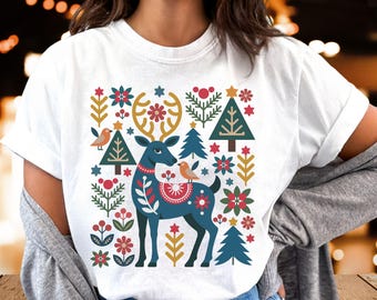 Scandinavian Christmas Comfort Colors® TShirt,Nordic Folk Art Reindeer Shirt,Hygge Holiday Deer Tee,Swedish Woodland Floral Top,Festive Gift