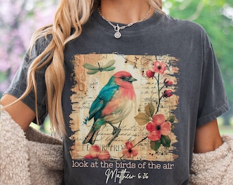 Comfort Colors® Christian Brush Stroke Bible Verse Shirt, Inspirational Gifts Women, Floral Bird Lover Gifts, Cottagecore Flower Faith Shirt