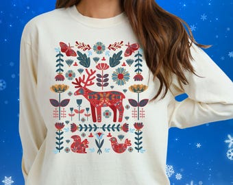 Scandinavian Reindeer Christmas Shirt,Nordic Folk Art Long Sleeve-Comfort Colors®,Hygge Gifts,Boho Scandi Holiday Tee,Botanical Nature Gift