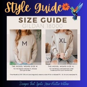 May include: Size guide for Gildan 18000 sweatshirts. The model is wearing a size M for a relaxed fit and a size XL for an oversized fit. The text on the image reads "Size Guide Gildan 18000".