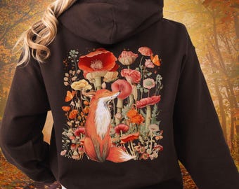 Garden Fox Zip Hoodie, Cottagecore Goblincore Hoody,Fall Floral Fox Full Zip Sweatshirt,Fairycore Forest Jacket,Woodland Animal Gift For Her