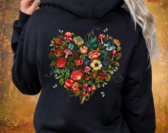 Cottagecore Floral Heart Zip Hoodie, Fairycore Goblincore Jacket, Botanical Wildflower Zip Up Sweatshirt, Butterfly Boho Sweater,Nature Gift