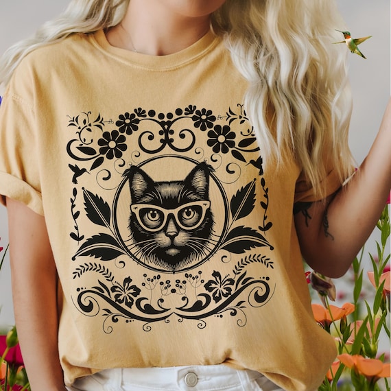 Floral Black Cat Comfort Color® Shirt,Cat Shirts For Women,Cottagecore Cat Lovers Shirt,Gift-for Cat Lovers,Cute Kitty Shirt,Stylish Cat Tee