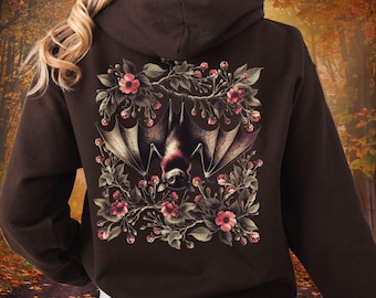 Bluza z kapturem Bat Hanging Pastel Goth z zamkiem błyskawicznym, bluza z kapturem Vintage Gothic Flowers, bluzy z kapturem Goblincore Cottagecore Floral, damska bluza z kapturem na zamek błyskawiczny