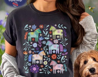 Swedish Dala Horse Shirt,Scandinavian Folk Shirt,Norwegian Folk Art,Cottagecore Clothes,Hygge Gifts,Scandi Nordic Gifts,Comfort Color® Shirt