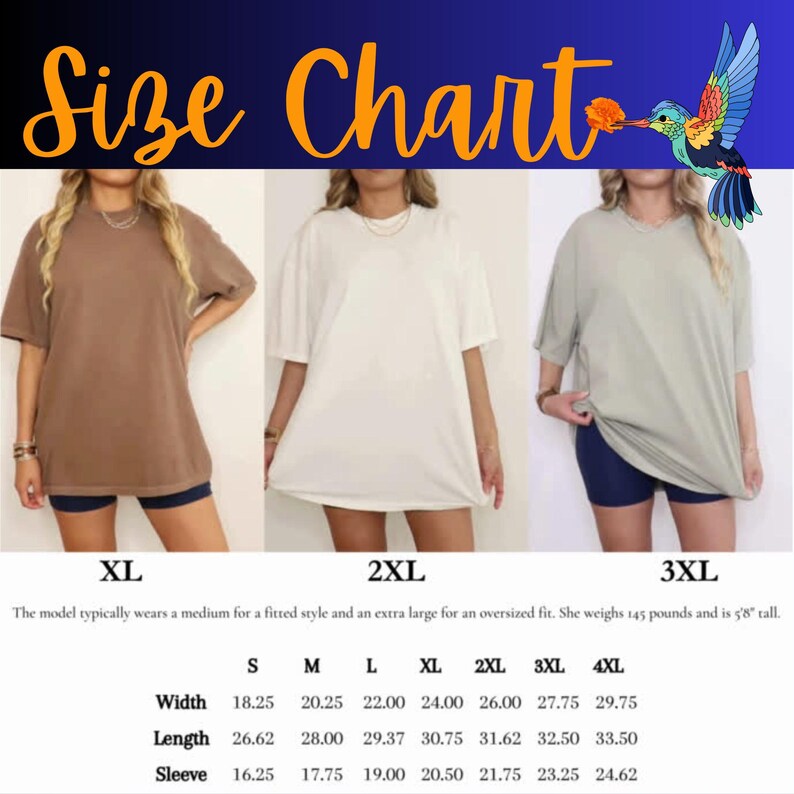 May include: Size chart for oversized t-shirts in brown, white, and sage green. The chart includes measurements for width, length, and sleeve length in inches for sizes S through 4XL. The model is 5'8" tall and weighs 145 pounds.
