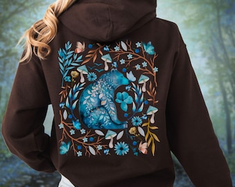 Floral Bear Full Zip Hoodie, Cottagecore Goblincore Woodland Hoodie, Nature Lover Zip Up Sweatshirt,Whimsical Forest Animal Jacket Zip Hoody