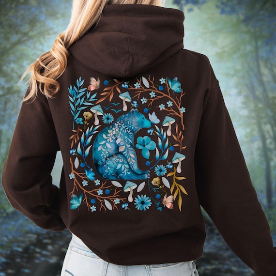 Floral Bear Full Zip Hoodie, Cottagecore Goblincore Woodland Hoodie, Nature Lover Zip Up Sweatshirt,Whimsical Forest Animal Jacket Zip Hoody