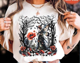 Dark Forest Fairy Witch Comfort Color® Shirt,Goblincore Garden Flowers Crewneck,Witchy Fairycore Whimsigoth for her, Soft Goth T-shirt Gifts