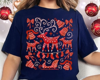 Boho Scandinavian Christmas Shirt-Comfort Colors® Vintage T-shirts,Reindeer TShirt,Norwegian Folk Art-Merry Christmas Retro Holiday Tee Gift