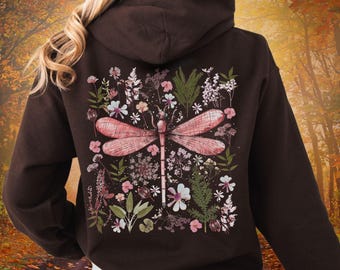 Dragonfly Floral Zip Hoodie, Goblincore Cottagecore-Full Zip Up Hooded Sweatshirt, Fairycore Gifts,Dragon Fly Shirt,Garden Fairy Floralshirt