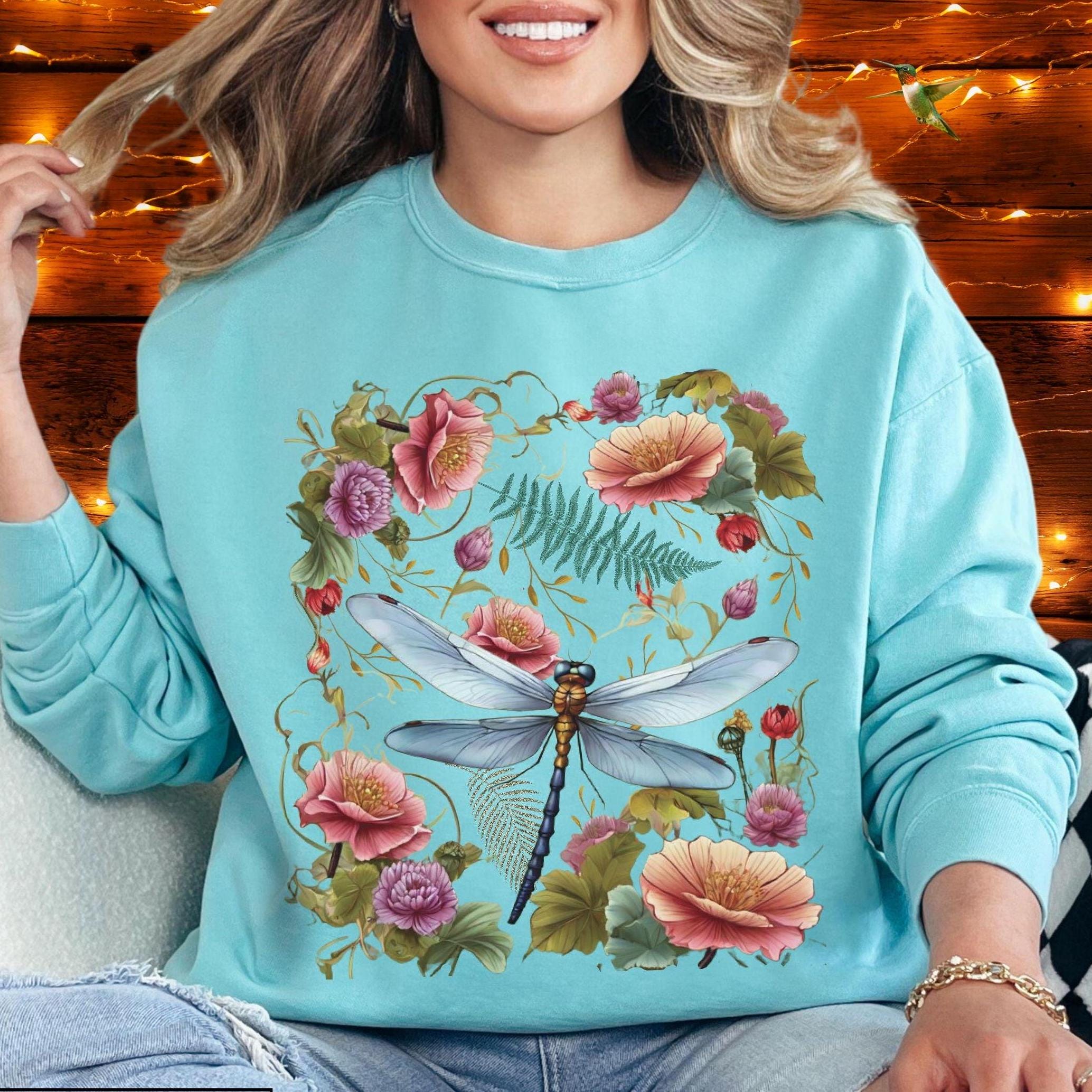 Fairycore Dragonfly Sweater, Vintage Pressed Flowers Sweatshirt, Boho ...