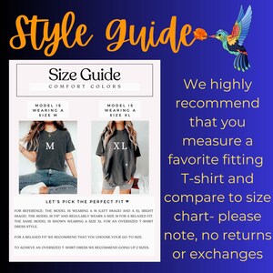 May include: Size guide for t-shirts with two models wearing different sizes. The model on the left is wearing a size M and the model on the right is wearing a size XL. The text says "Let's pick the perfect fit" and provides sizing information. The text also says "We highly recommend that you measure a favorite fitting T-shirt and compare to size chart - please note, no returns or exchanges."