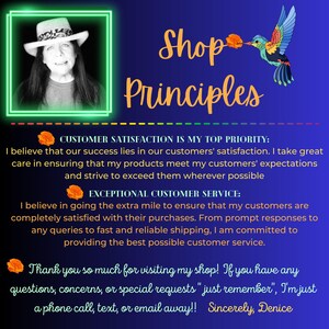 May include: A graphic with the text "Shop Principles" and a hummingbird illustration. The text includes statements about customer satisfaction and service. A portrait of a person wearing a hat is in the upper left corner.