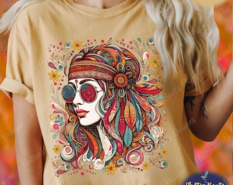 Hippie Girl Nostalgia Shirt,Groovy 70s Retro Vibe-Peace Love Wildflower Tshirt,Colorful Floral Hippy Gifts, 60s Vibes Tee-Vintage Style Top