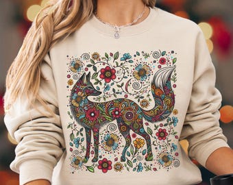 Floral Fox Sweatshirt Cottagecore, Boho Hippie Girl Wildflower Sweater, Fairycore Goblincore Fox Top,Folk Art Animal Shirt,Nature Lover Gift