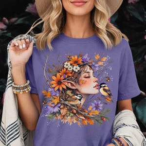 Elf Fairy-Fairycore Nature Floral Shirt, Boho Fairy Top, Goblincore Cottagecore Gifts,Whimsical Faerie T-shirt, Chickadee Bird Lover tShirt