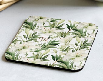 Cork-back coaster White Lily Blossom Design, Table decor, Dinning table, Glass Coaster