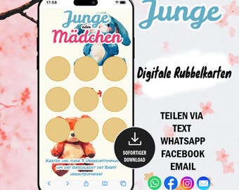 Ein Junge. Digitale Rubbelkarte. Mädchen oder Junge Rubbelspiel. Spiele zur Enthüllung des Geschlechts