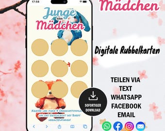 Ein Mädchen. Digitale Rubbelkarte. Mädchen oder Junge Rubbelspiel. Spiele zur Enthüllung des Geschlechts