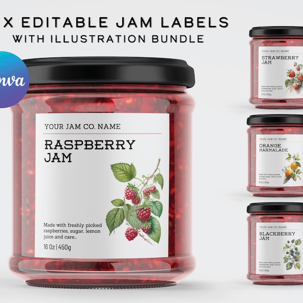 Jam label Canva templates. With bonus Watercolour illustration clipart bundle | SM icons | Digital product | Jam Marmalade editable Template
