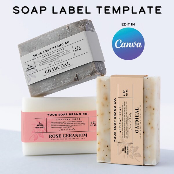 Handmade Soap Label Canva Template | 3 sizes plus a thank you card | Apothecary style | Belly band label for handmade soap. A6 and 5x7 card