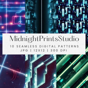 Future Technology Intricate Seamless Patterns, Sci-Fi Futuristic Modern Tech Abstract Backgrounds, Detailed Printable Digital Paper Pack