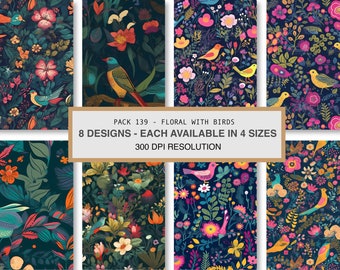 Patrón sin costuras de pájaro floral, diseño botánico oscuro (papel digital)