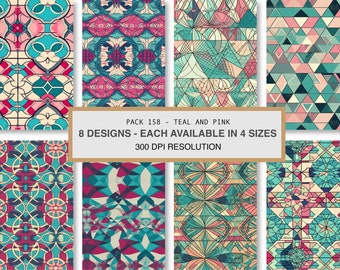 Conjunto de patrones geométricos sin costuras en tonos verde azulado y rosa (descarga digital)