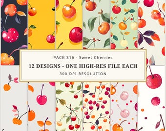 Cherry Seamless Pattern, Sweet Fruit Digital Paper Bundle, 12 Cherry Repeating Patterns, Kitchen Fabric Scrapbook Wallpaper, Commercial Use