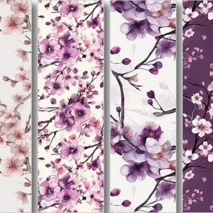 Pu&ograve; includere: Quattro motivi senza cuciture con illustrazioni ad acquerello di fiori di ciliegio rosa e viola su uno sfondo bianco e viola.