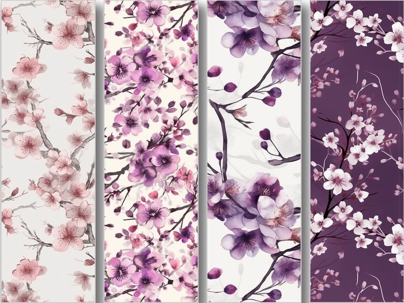 Pu&ograve; includere: Quattro motivi senza cuciture con illustrazioni ad acquerello di fiori di ciliegio rosa e viola su uno sfondo bianco e viola.