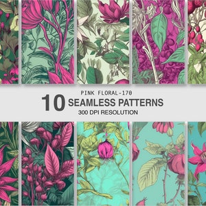 May include: Ten seamless floral patterns in pink, green, and white. The patterns feature various flowers, leaves, and berries.  The text "PINK FLORAL - 170 10 SEAMLESS PATTERNS 300 DPI RESOLUTION" is at the bottom of the image.