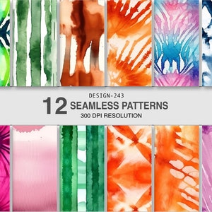 May include: Twelve watercolor seamless patterns in various colors, including green, blue, pink, orange, and purple. The patterns are abstract and feature stripes, swirls, and other organic shapes. The text "DESIGN-243 12 SEAMLESS PATTERNS 300 DPI RESOLUTION" is displayed at the top of the image.