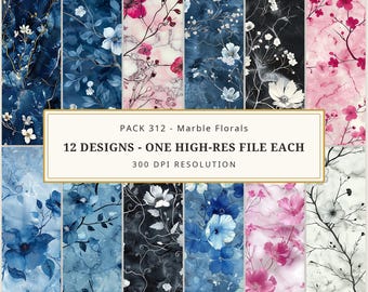 Marble Floral Seamless Pattern, Botanical Digital Paper Bundle, 12 Luxury Repeating Patterns, Fabric Scrapbook Wallpaper, Commercial Use