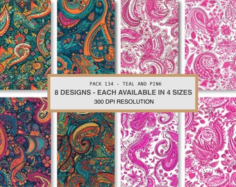 Conjunto de estampados paisley en tonos verde azulado y rosa, diseños de tela sin costuras (descarga digital)