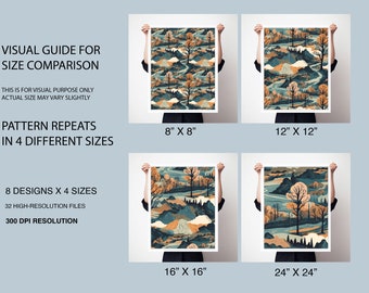 Patrón sin costuras de paisaje de montaña, tela para impresión bajo demanda (descarga digital)