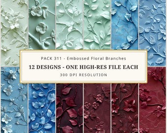 Embossed Floral Seamless Pattern, 3D Botanical Digital Paper Bundle, 12 Flower Patterns, Fabric Scrapbook Wallpaper, Commercial Use