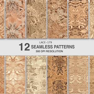 May include: Twelve seamless patterns featuring intricate lace designs in shades of brown and beige. The patterns are 300 DPI resolution.